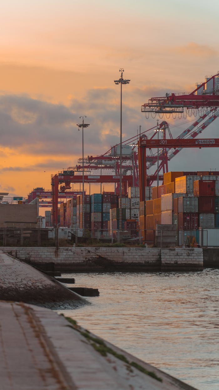 Colorful shipping containers and cranes at a port during sunset.